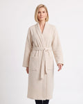 Cream waffle knit bathrobe with shawl collar and self-tie belt, full length