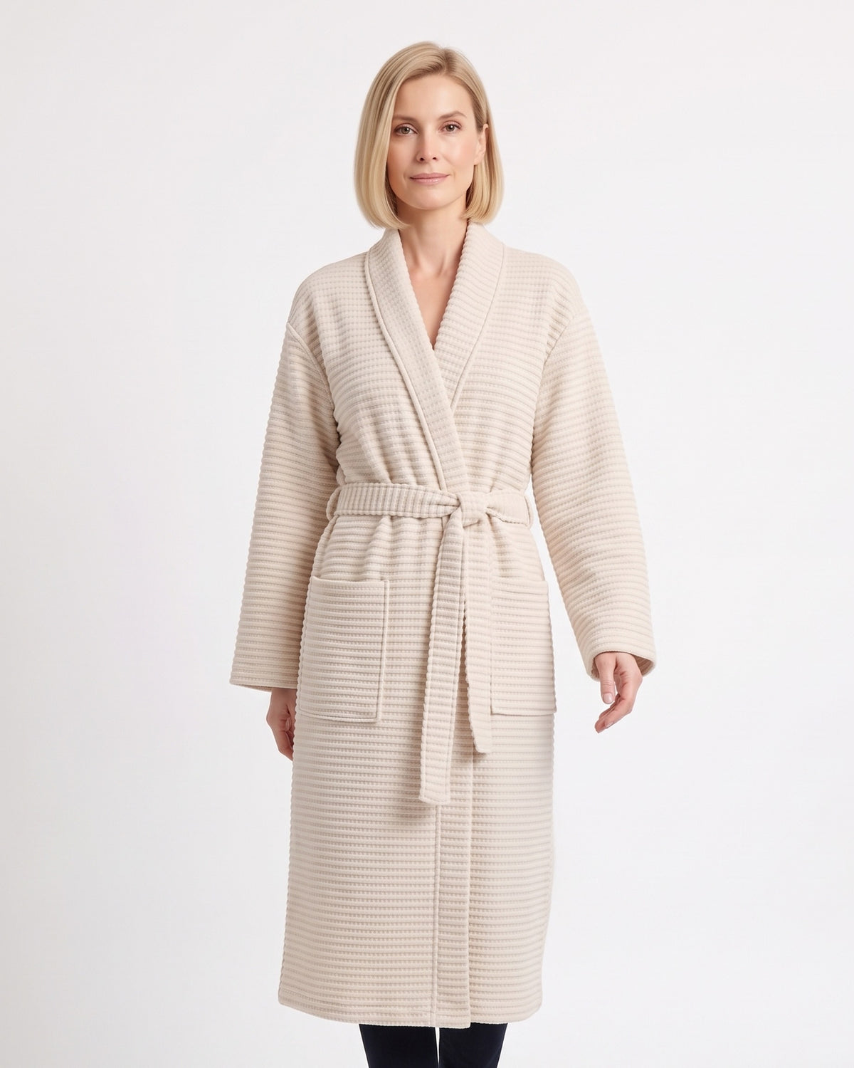 Cream waffle knit bathrobe with shawl collar and self-tie belt, full length