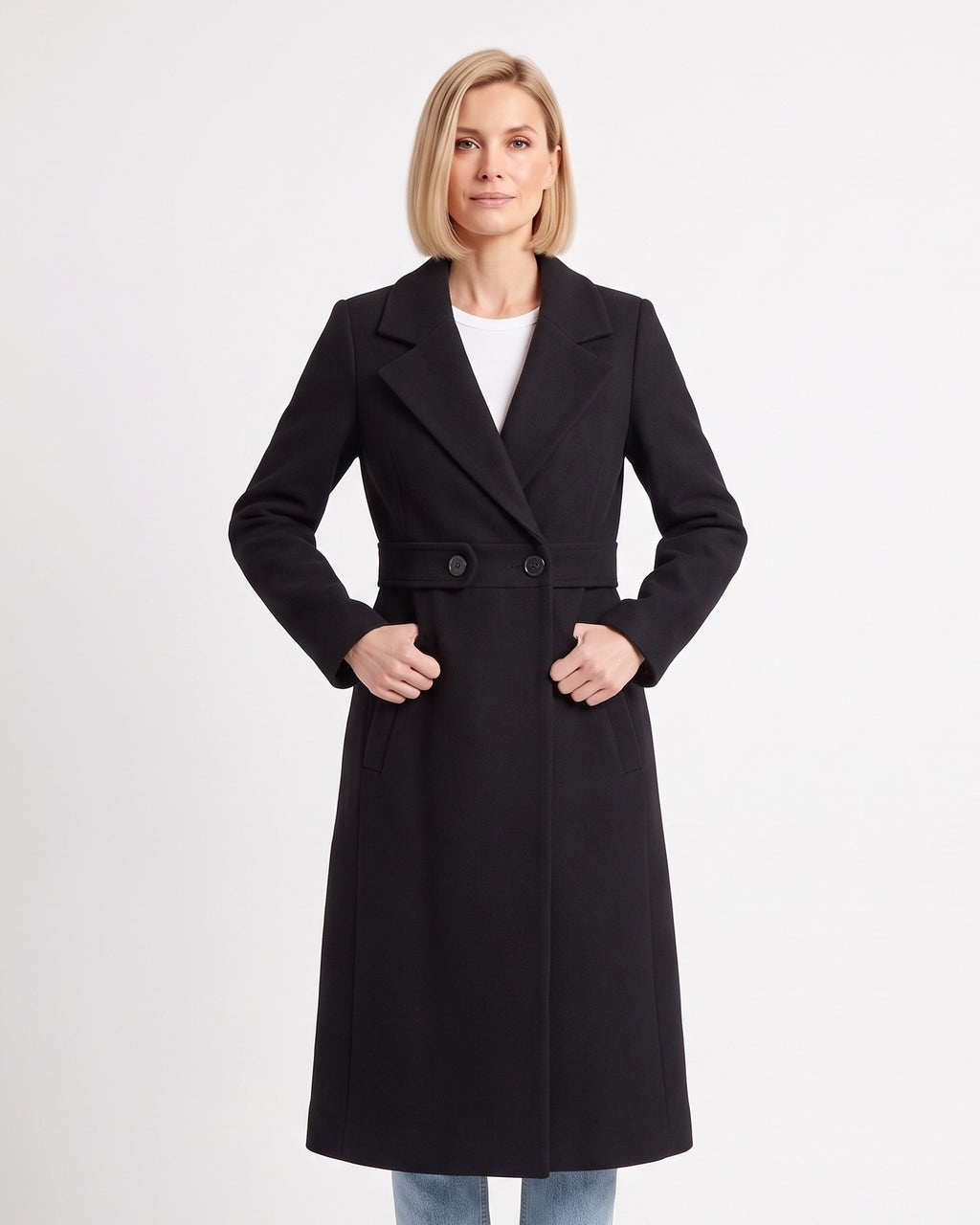Women’s long wool-blend coat, black with notch lapels and button waist tab