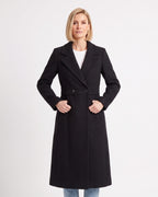 Women’s long wool-blend coat, black with notch lapels and button waist tab