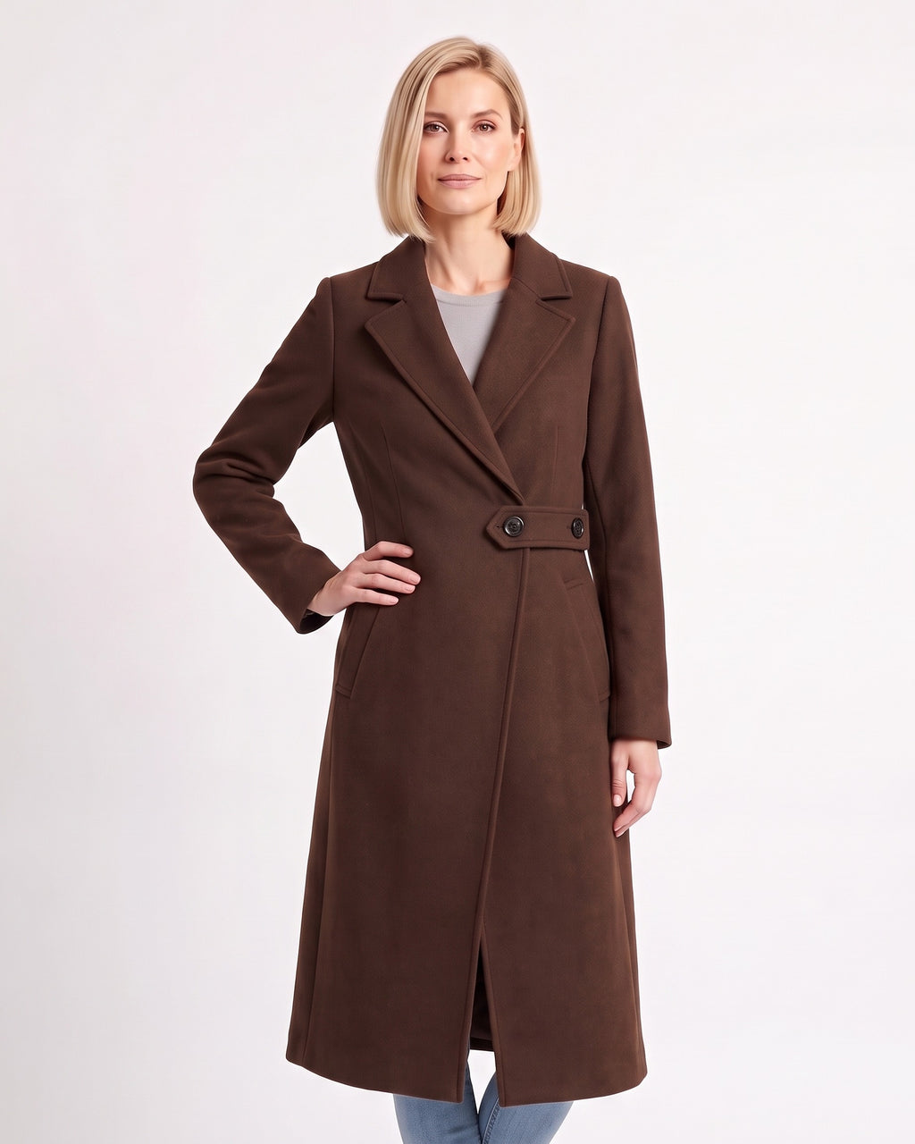 Women’s long wool-blend coat, brown with notch lapels and button waist tab