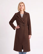 Women’s long wool-blend coat, brown with notch lapels and button waist tab