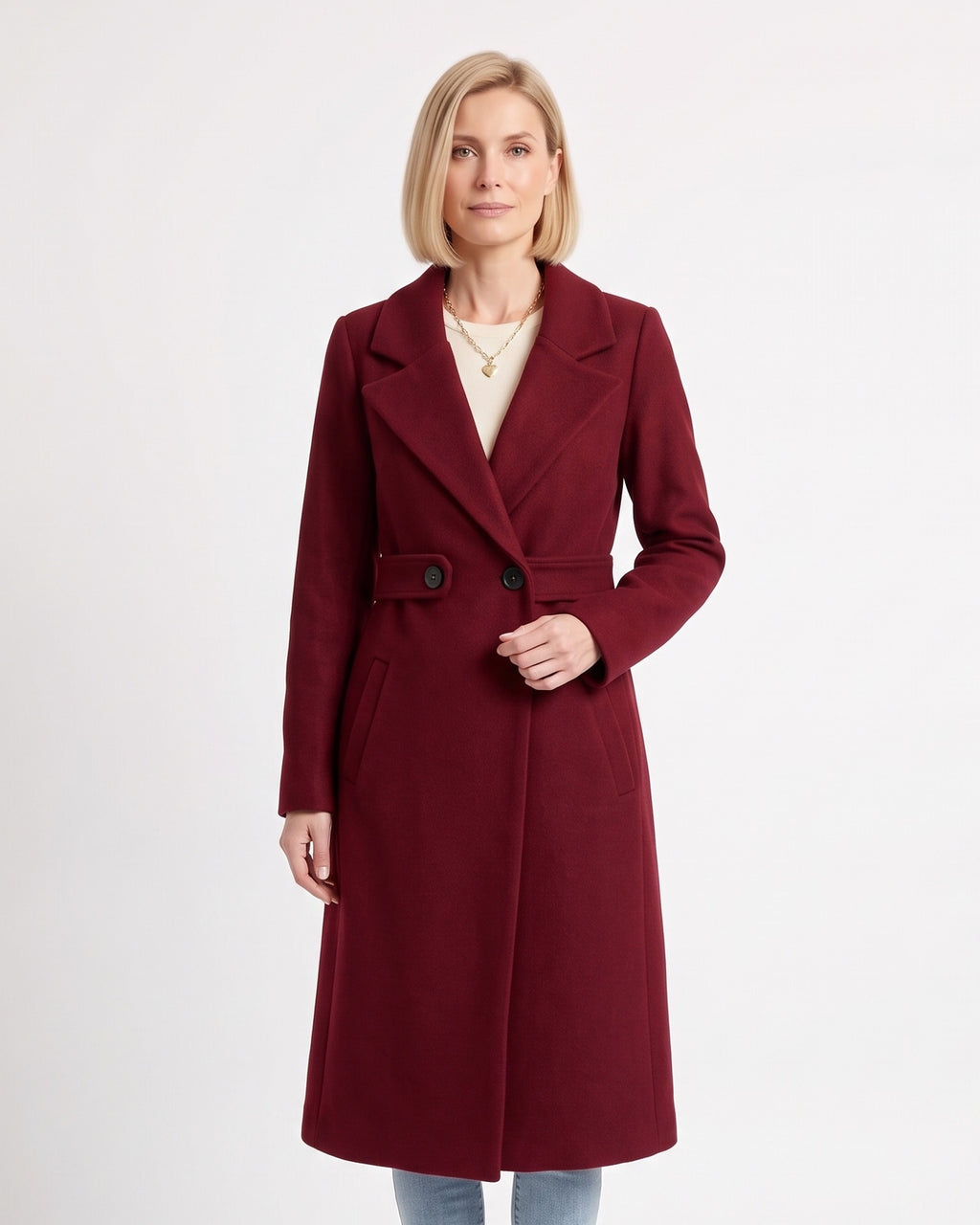 Women’s long wool-blend coat, burgundy with notch lapels and button waist tab