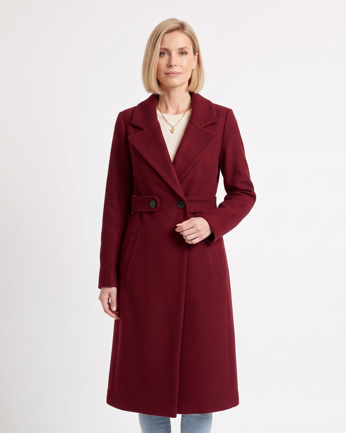 Women’s long wool-blend coat, burgundy with notch lapels and button waist tab
