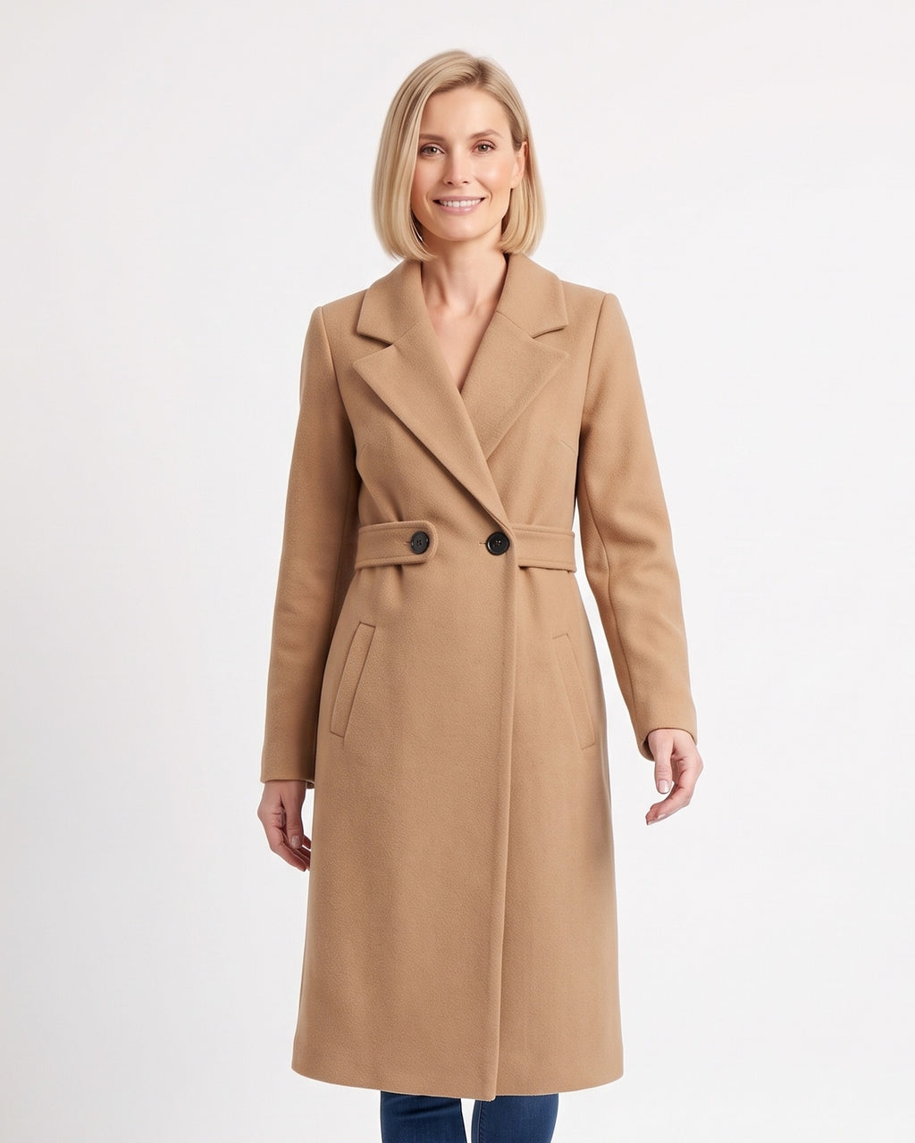 Women’s long wool-blend coat, camel with notch lapels and button waist tab