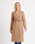 Women’s long wool-blend coat, camel with notch lapels and button waist tab