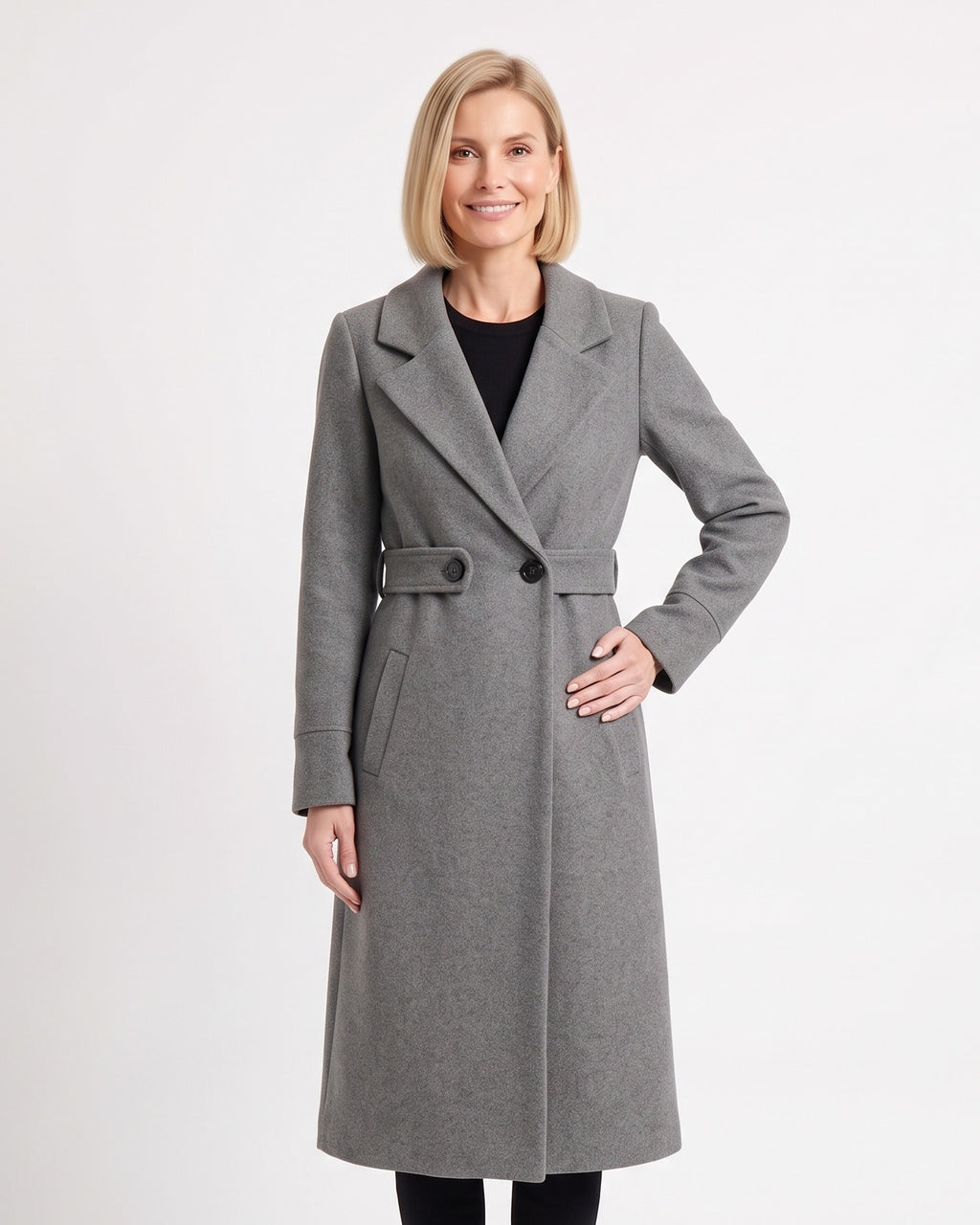 Women’s long wool coat with notch lapels and button front, dark gray