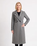 Women’s long wool coat with notch lapels and button front, dark gray