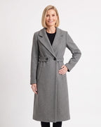 Women’s long wool coat with notch lapels and button front, dark gray