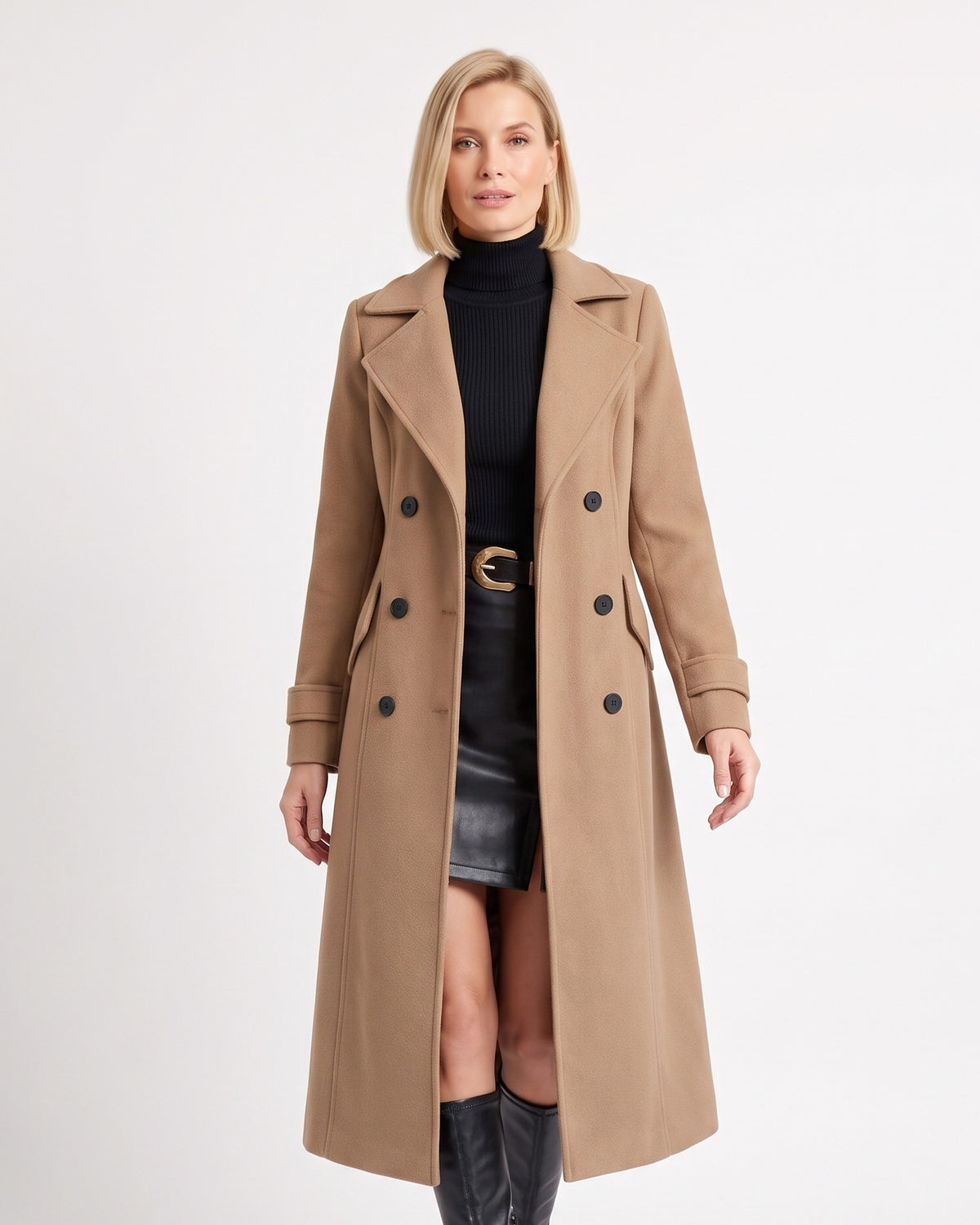 Long camel double-breasted wool coat with notch lapels and flap pockets