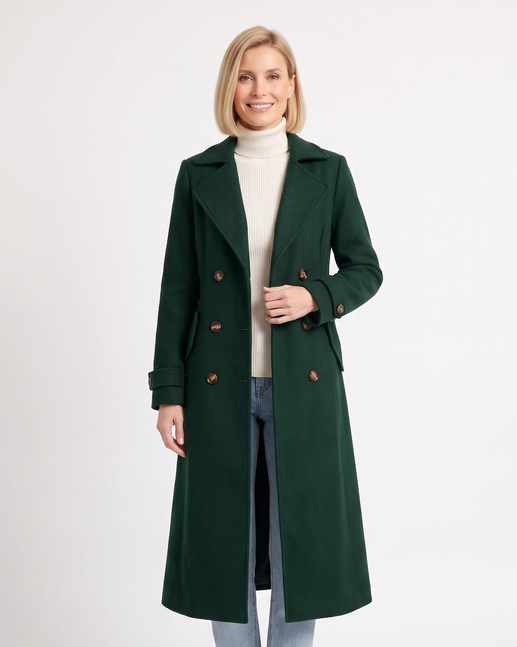 Long dark green double-breasted wool coat with notch lapels