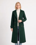 Long dark green double-breasted wool coat with notch lapels