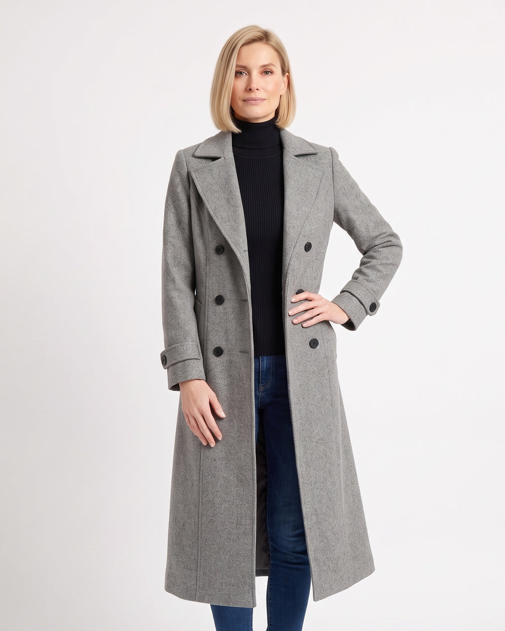 Long gray double-breasted wool coat with notch lapels and flap pockets