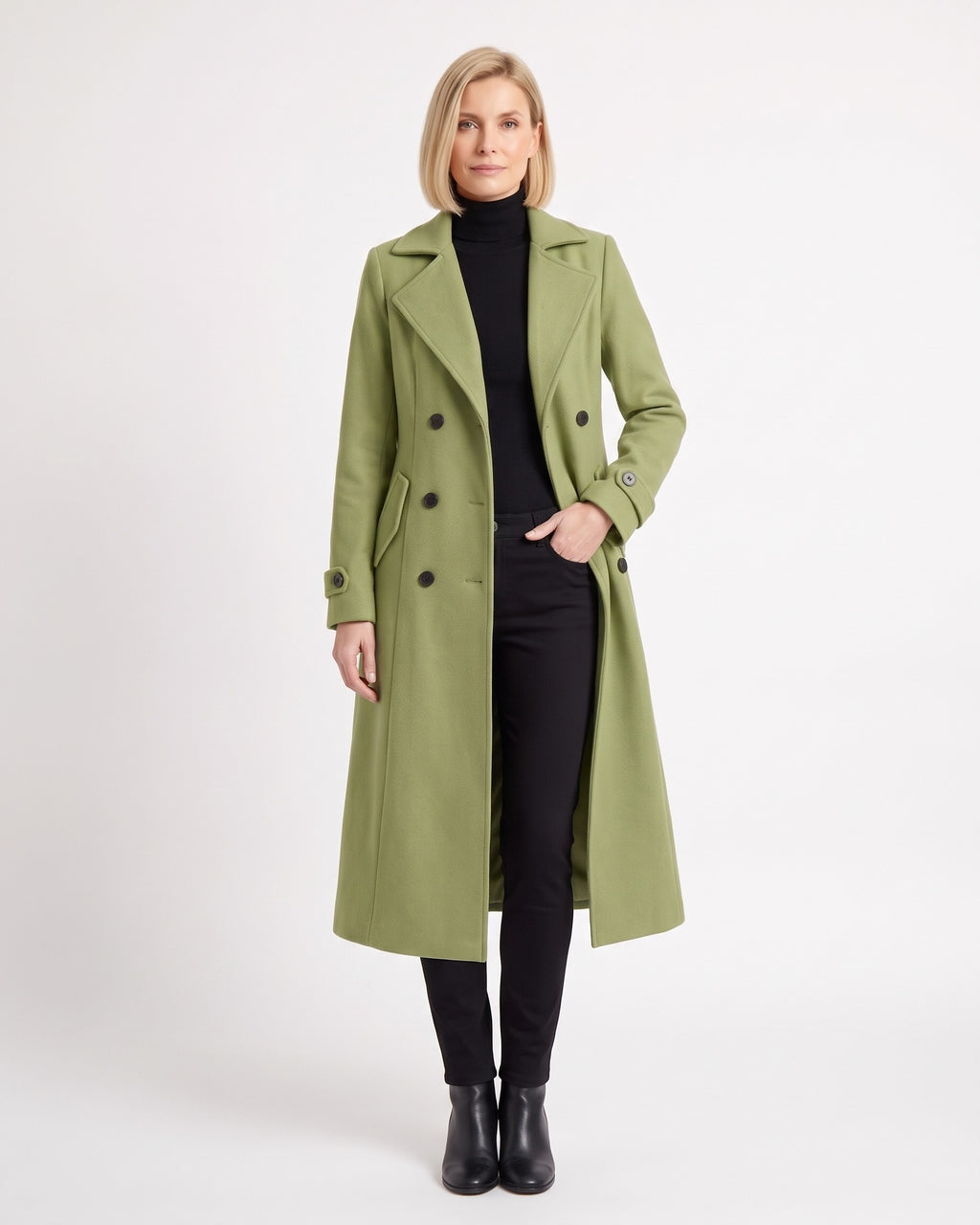 Long light green double-breasted wool coat with notch lapels and flap pockets