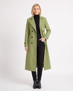 Long light green double-breasted wool coat with notch lapels and flap pockets