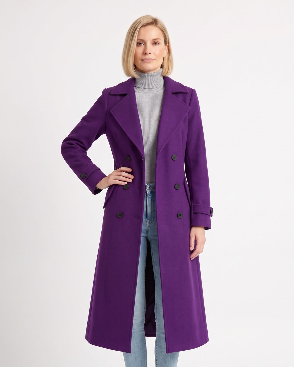 Long purple double-breasted wool coat with notch lapels and button cuffs