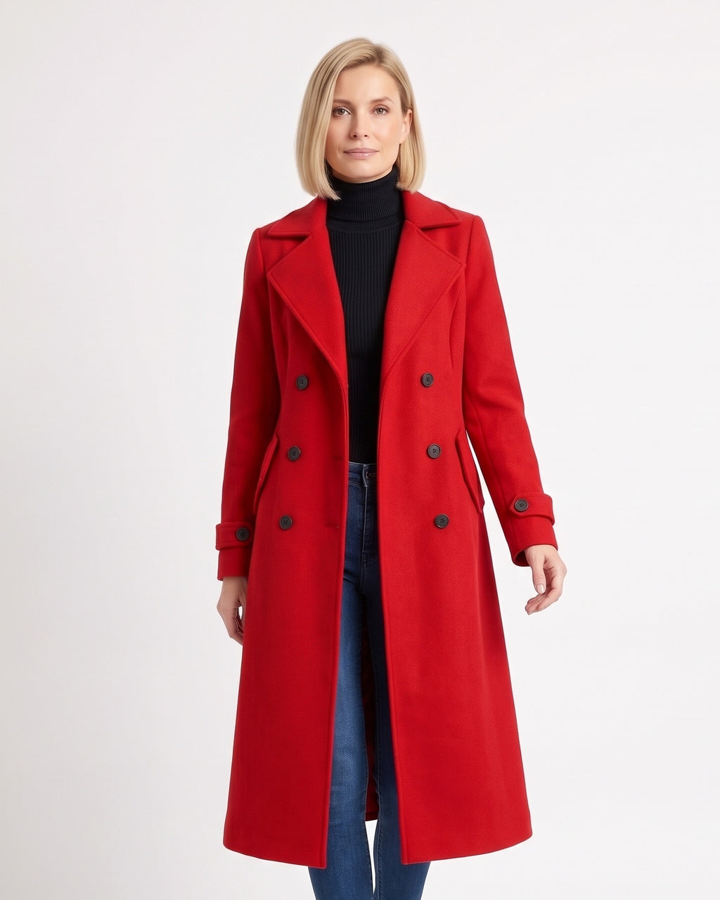 Long red double-breasted wool coat with notch lapels and button cuff tabs