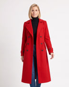 Long red double-breasted wool coat with notch lapels and button cuff tabs