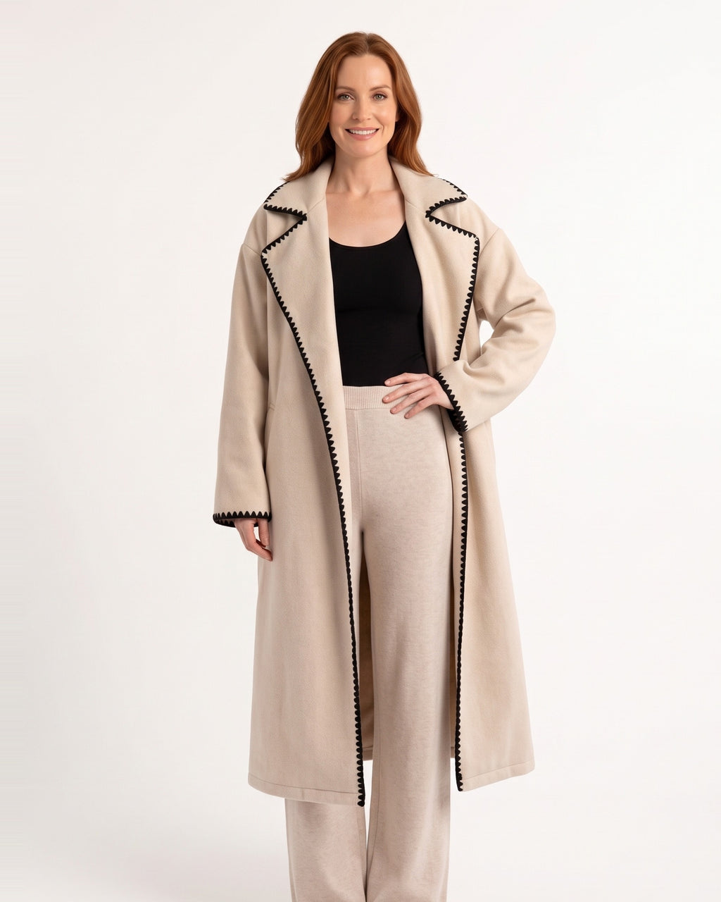 Long Wool Coat for Women — Oversized Open Front Overcoat with Contrast Stitch Trim