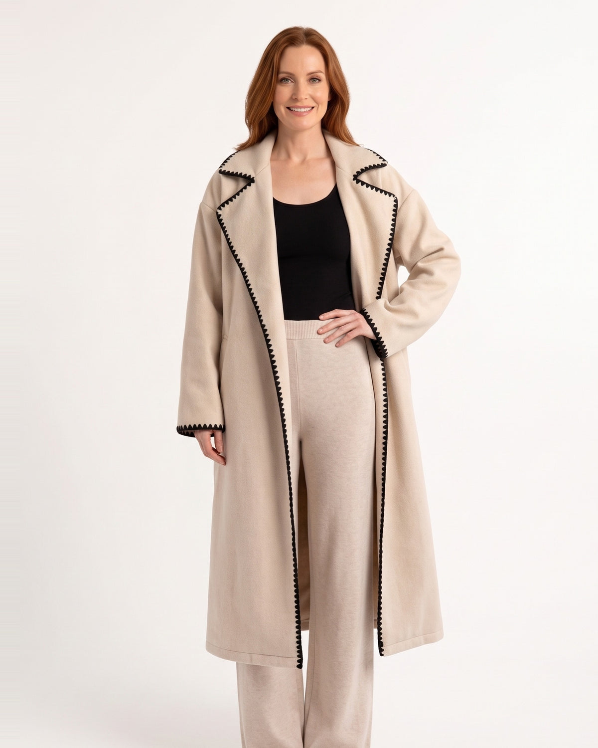 Long Wool Coat for Women — Oversized Open Front Overcoat with Contrast Stitch Trim