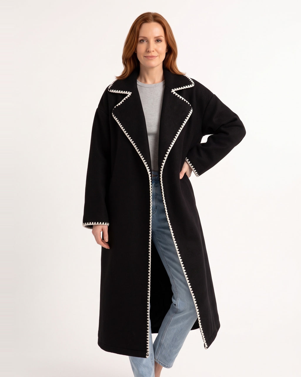 Black long open-front wool coat with contrast stitched edging, oversized shape