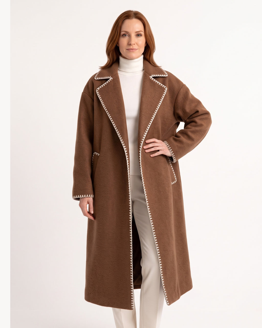 Brown long open-front wool coat with contrast stitched trim, oversized fit