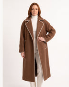 Brown long open-front wool coat with contrast stitched trim, oversized fit