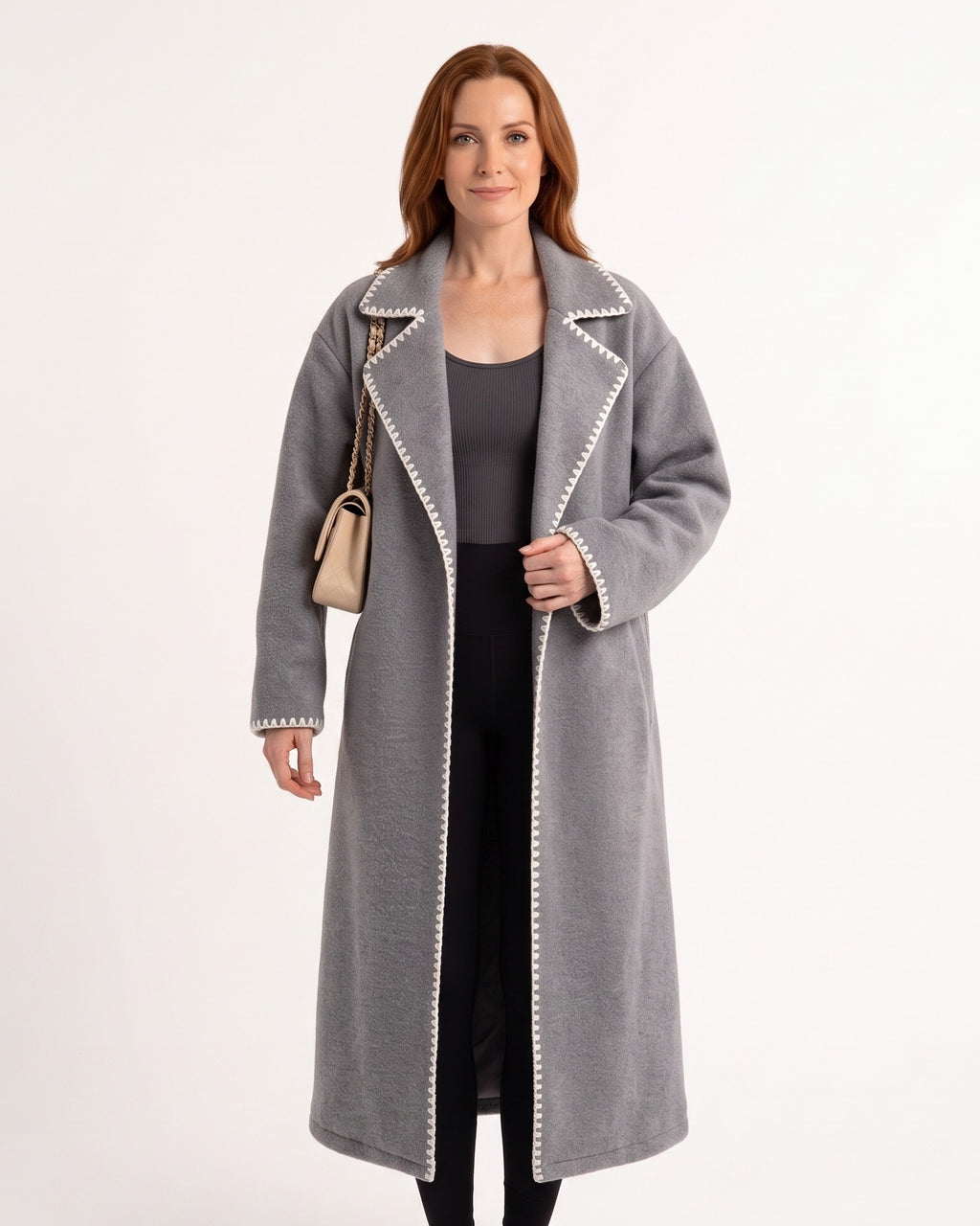 Gray long open-front wool coat with contrast trim and oversized relaxed cut