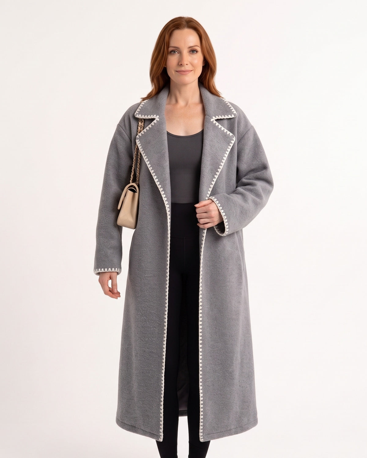 Gray long open-front wool coat with contrast trim and oversized relaxed cut