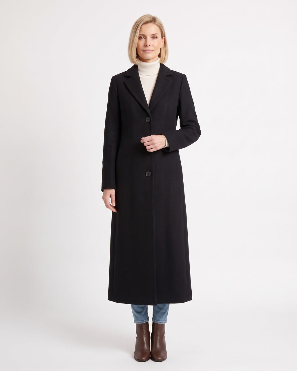 Women’s black maxi overcoat with notch lapels, single-breasted button front, long sleeves