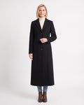 Women’s black maxi overcoat with notch lapels, single-breasted button front, long sleeves