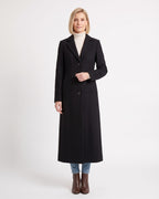 Women’s black maxi overcoat with notch lapels, single-breasted button front, long sleeves