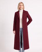 Women’s burgundy maxi overcoat with notch lapels, single-breasted button front, long sleeves