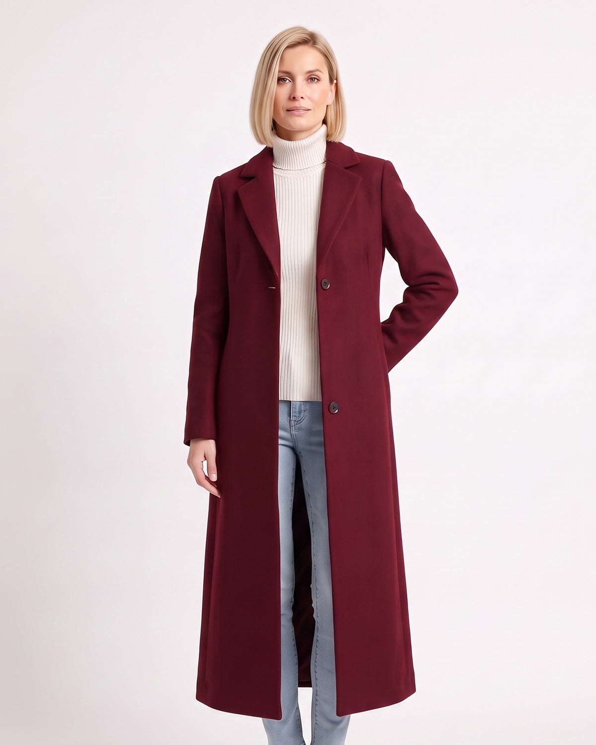 Women’s burgundy maxi overcoat with notch lapels, single-breasted button front, long sleeves
