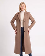 Women’s camel maxi overcoat with notch lapels, single-breasted button front, long sleeves