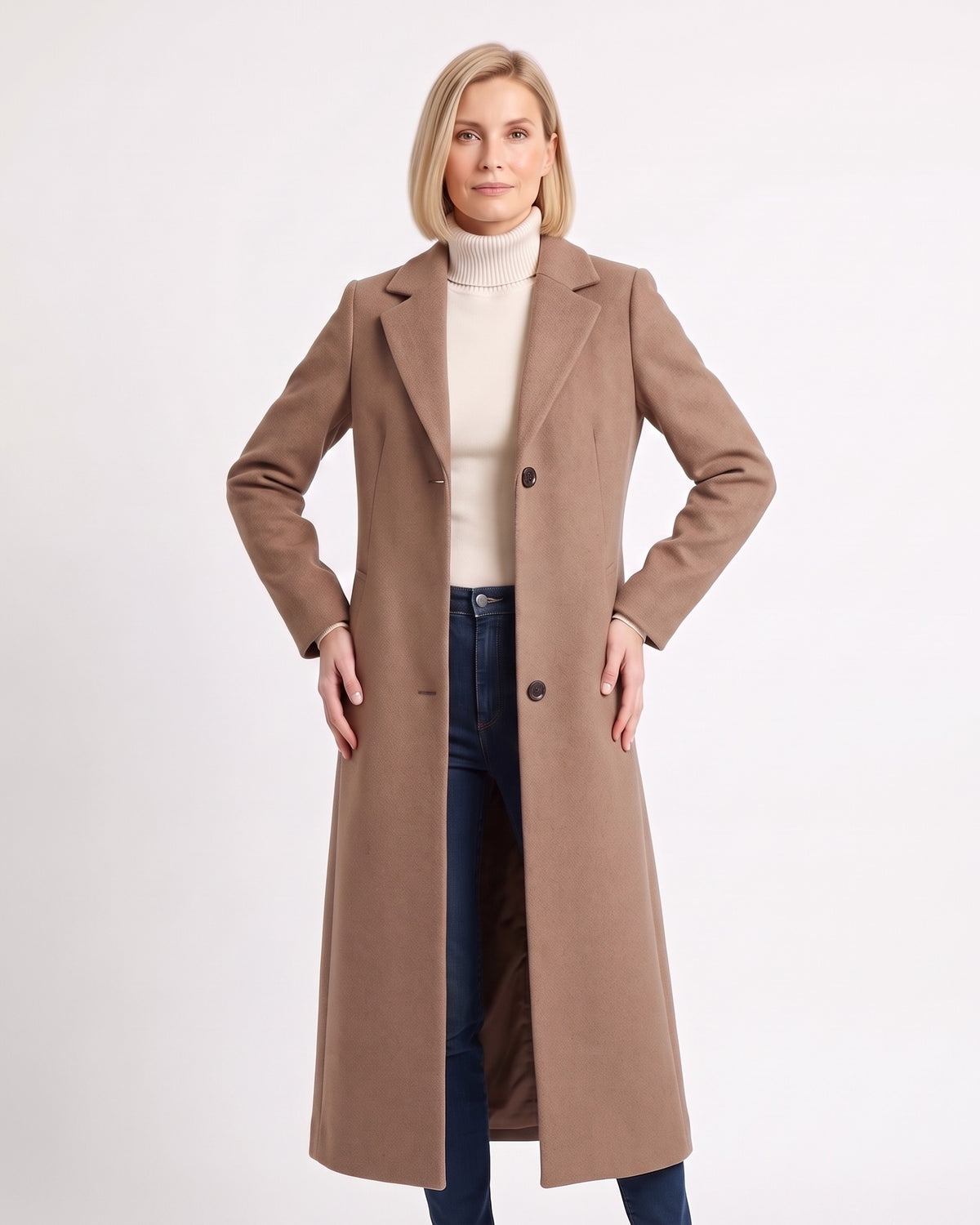 Women’s camel maxi overcoat with notch lapels, single-breasted button front, long sleeves