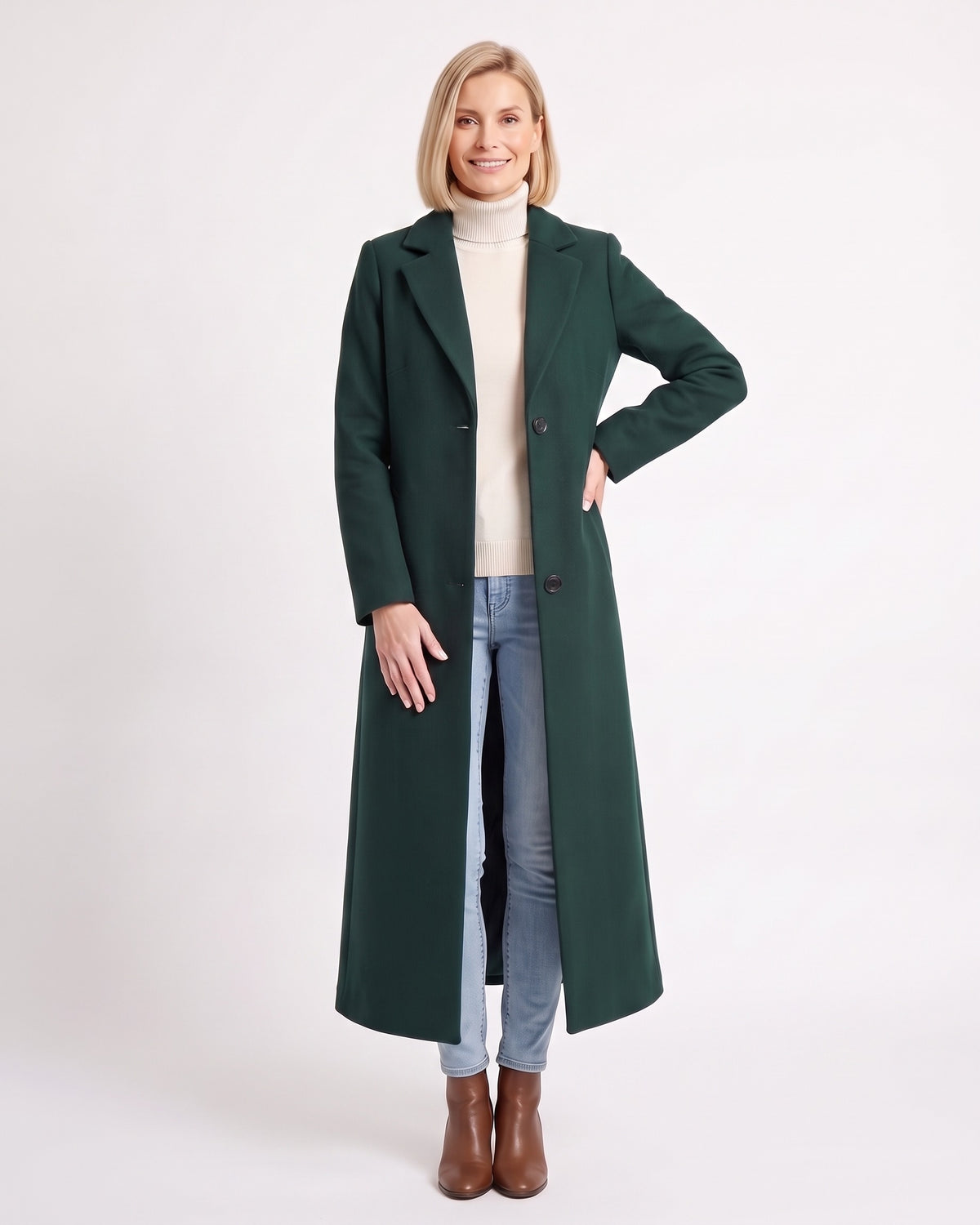 Women’s dark green maxi overcoat with notch lapels, single-breasted button front, long sleeves