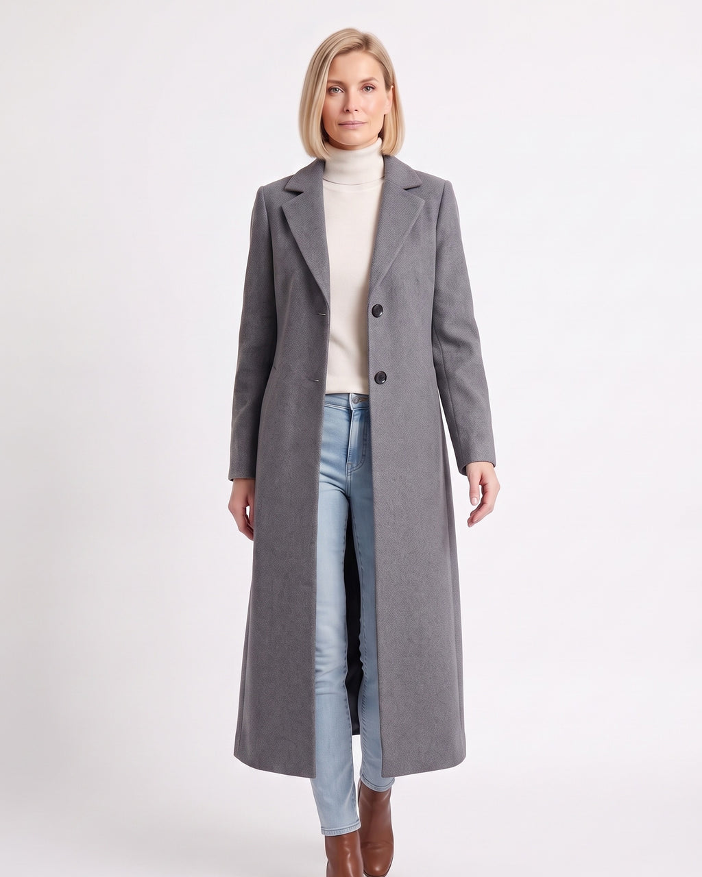 Women’s gray maxi overcoat with notch lapels, single-breasted button front, long sleeves