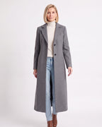 Women’s gray maxi overcoat with notch lapels, single-breasted button front, long sleeves