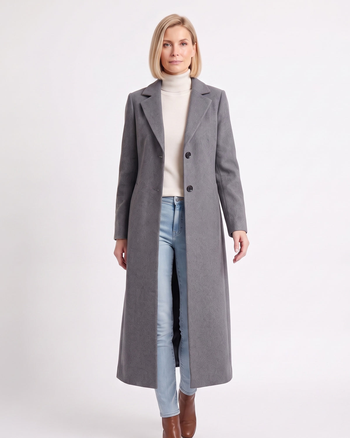 Women’s gray maxi overcoat with notch lapels, single-breasted button front, long sleeves