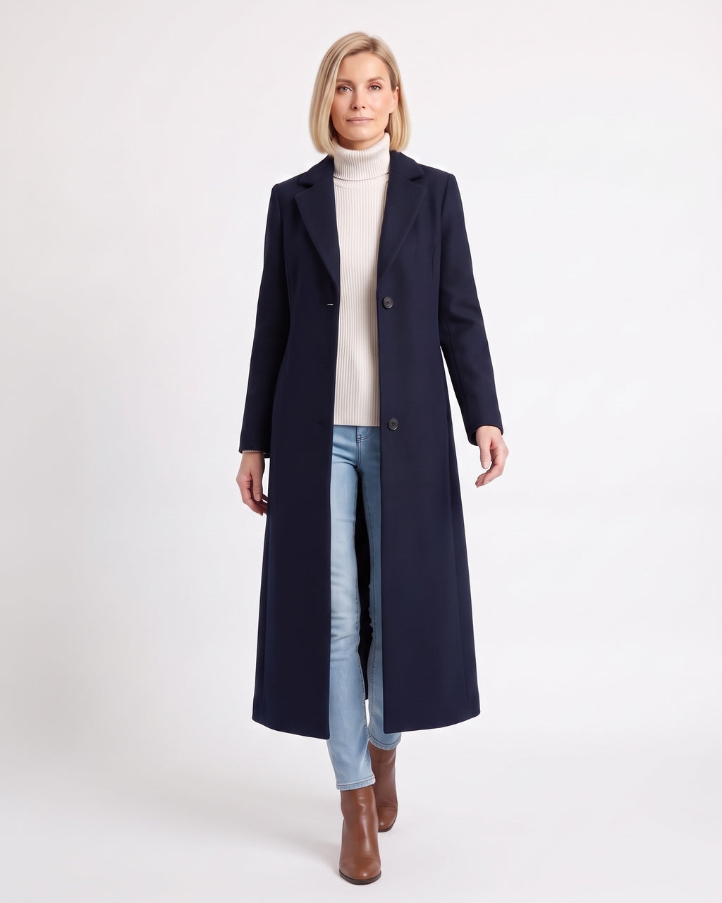 Women’s navy maxi overcoat with notch lapels, single-breasted button front, long sleeves