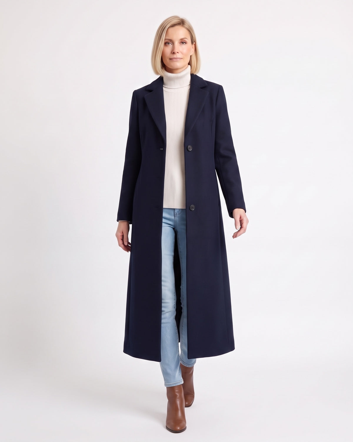 Women’s navy maxi overcoat with notch lapels, single-breasted button front, long sleeves