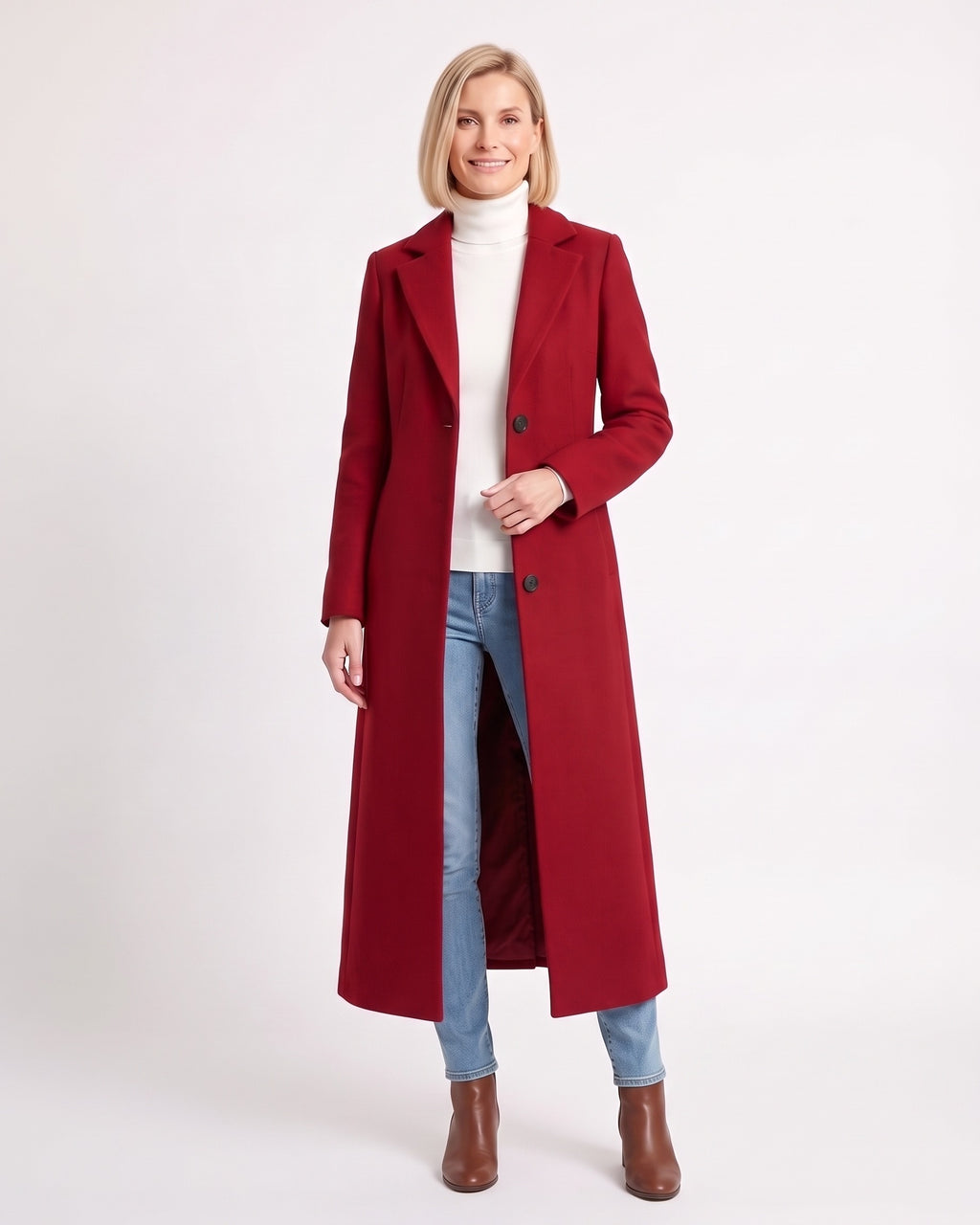Women’s red maxi overcoat with notch lapels, single-breasted button front, straight fit