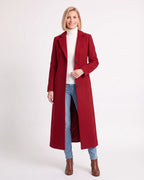 Women’s red maxi overcoat with notch lapels, single-breasted button front, straight fit