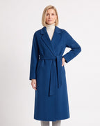 Women’s blue long wrap coat with tie belt and notch lapels