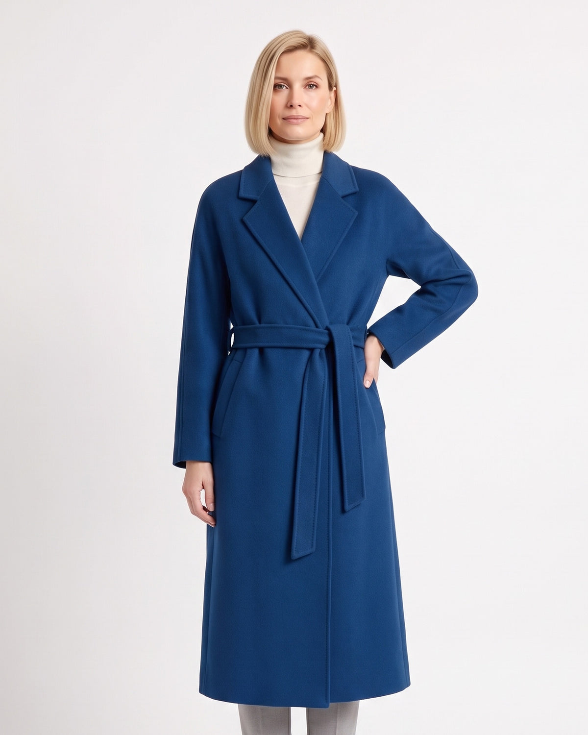 Women’s blue long wrap coat with tie belt and notch lapels