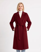 Women’s burgundy long wrap coat with tie belt and notch lapels