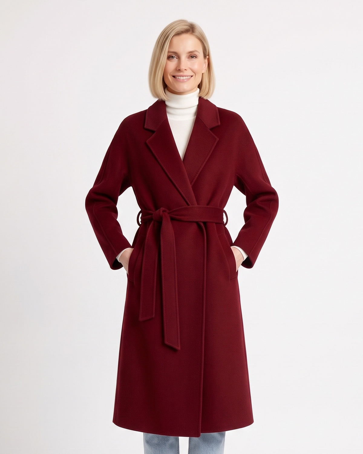 Women’s burgundy long wrap coat with tie belt and notch lapels