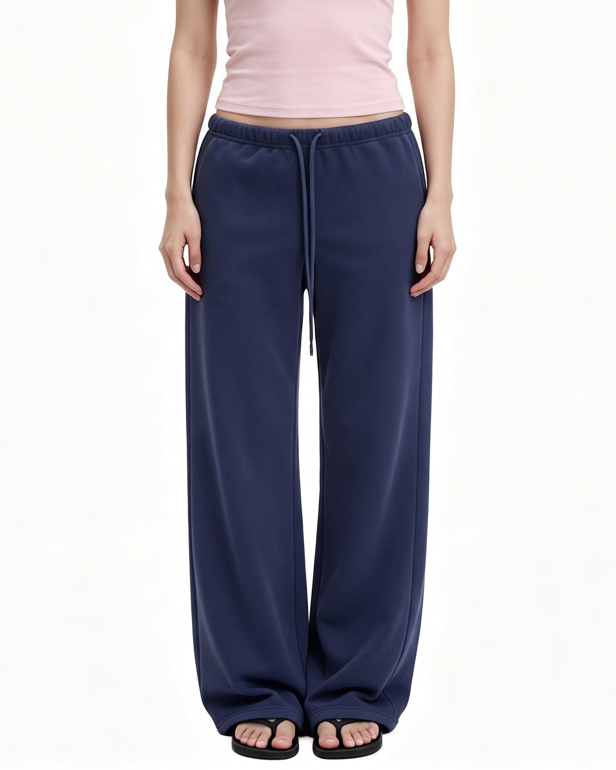 Navy low-rise wide-leg sweatpants with drawstring waist and side pockets