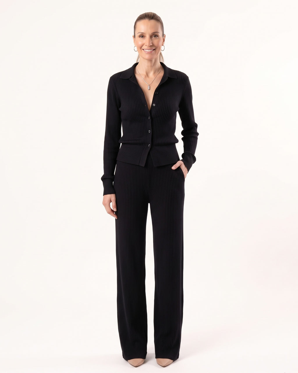 Black ribbed knit set: collared button-up top and wide-leg pants